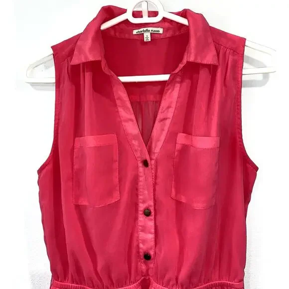 Charlotte Russe Fuchsia Pink Button Up Sleeveless Mini Dress Small S Bright - Picture 3 of 13